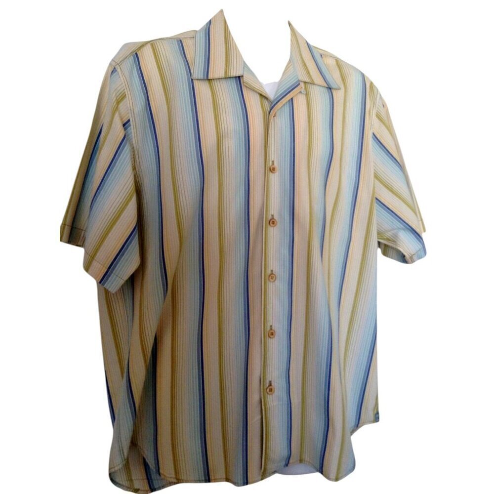 Tommy Bahama Men's Shirt XL Stripes Blue Yellow Green Ivory
